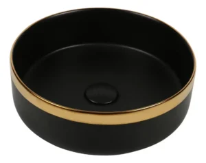 BACHA DE LOZA REDONDA NEGRA MATE DORADA GOLD EDGE - MEDIDAS 36,5CM*36,5CM*12,5CM